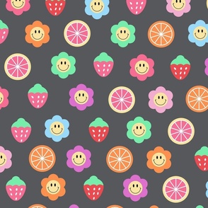Y2K Colorful Smiley Flowers Strawberries  and Citrus Fruits