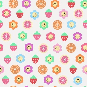 Colorful Retro Smiley Flowers Strawberries  and Citrus Fruits
