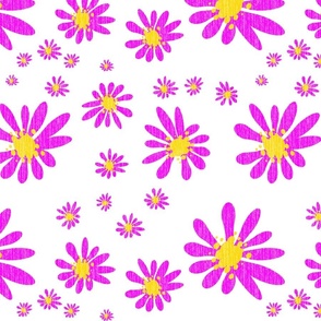 White Denim and Daisy Flowers with Grasscloth Texture Bold Abstract Modern Bold Fuchsia Magenta Pink FF00FF Golden Yellow FFD500 and White FFFFFF