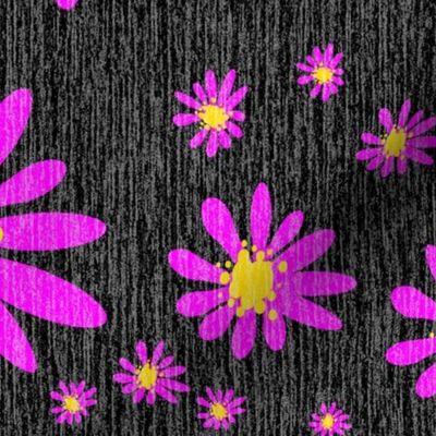 Black Denim and Daisy Flowers with Grasscloth Texture Bold Abstract Modern Black 000000 Golden Yellow FFD500 Bold Fuchsia Magenta Pink FF00FF and White FFFFFF