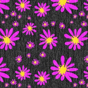 Black Denim and Daisy Flowers with Grasscloth Texture Bold Abstract Modern Black 000000 Golden Yellow FFD500 Bold Fuchsia Magenta Pink FF00FF and White FFFFFF