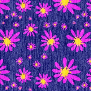 Blue Denim and Daisy Flowers with Grasscloth Texture Bold Abstract Modern Bold Navy Blue 000066 Golden Yellow FFD500 Bold Fuchsia Magenta Pink FF00FF and White FFFFFF