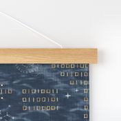 Shibori Digital Night Sky (large scale) | Hand drawn binary code on blue gray shibori linen pattern, machine code in dark blue and gold, astronomy, space station, the matrix, computer network, moons and stars.