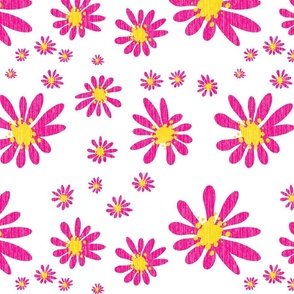 White Denim and Daisy Flowers with Grasscloth Texture Bold Abstract Modern Bold Rose Magenta Pink FF007F Golden Yellow FFD500 and White FFFFFF