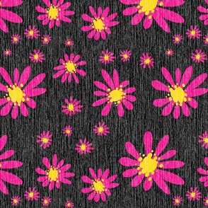 Black Denim and Daisy Flowers with Grasscloth Texture Bold Abstract Modern Black 000000 Golden Yellow FFD500 Bold Rose Magenta Pink FF007F and White FFFFFF