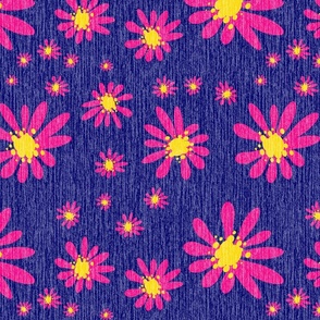 Blue Denim and Daisy Flowers with Grasscloth Texture Bold Abstract Modern Bold Navy Blue 000066 Golden Yellow FFD500 Bold Rose Magenta Pink FF007F and White FFFFFF