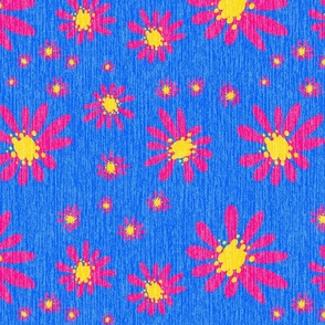 Blue Denim and Daisy Flowers with Grasscloth Texture Bold Abstract Modern Cobalt Blue 005CFF Golden Yellow FFD500 Bold Rose Magenta Pink FF007F and White FFFFFF