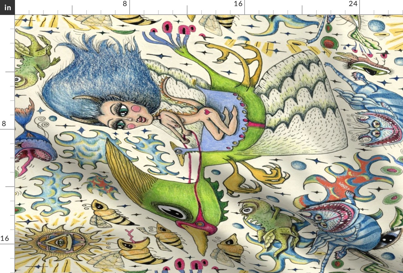 Beautiful woman creature riding on bird fantasy, version two, wall hanging / tea towel, ivory cream white blue green yellow red orange quirky