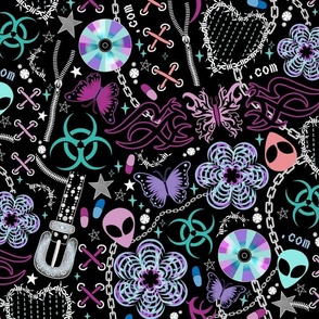 Cyber Y2K, retro - butterflies, chains, binary code, CDs, rave, goth, subculture, pills - magenta, purple, aqua green on black - large