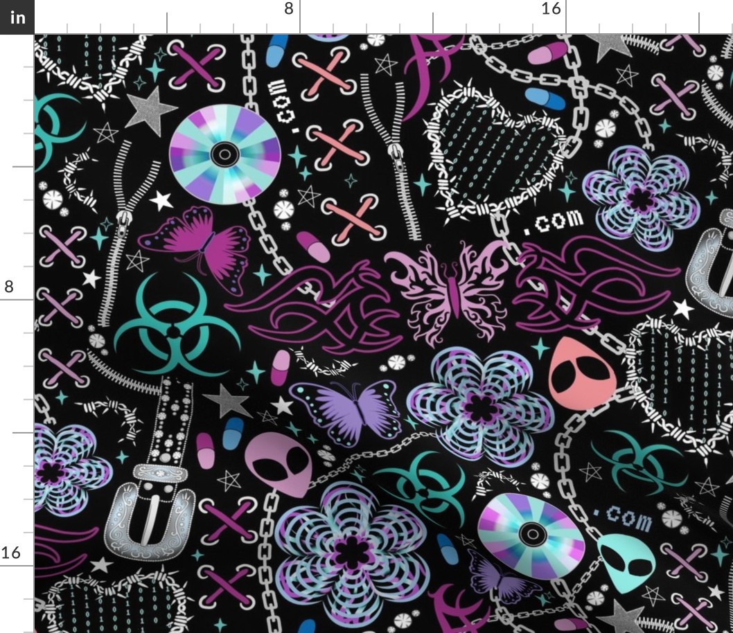 Cyber Y2K, retro - butterflies, chains, binary code, CDs, rave, goth, subculture, pills - magenta, purple, aqua green on black - large