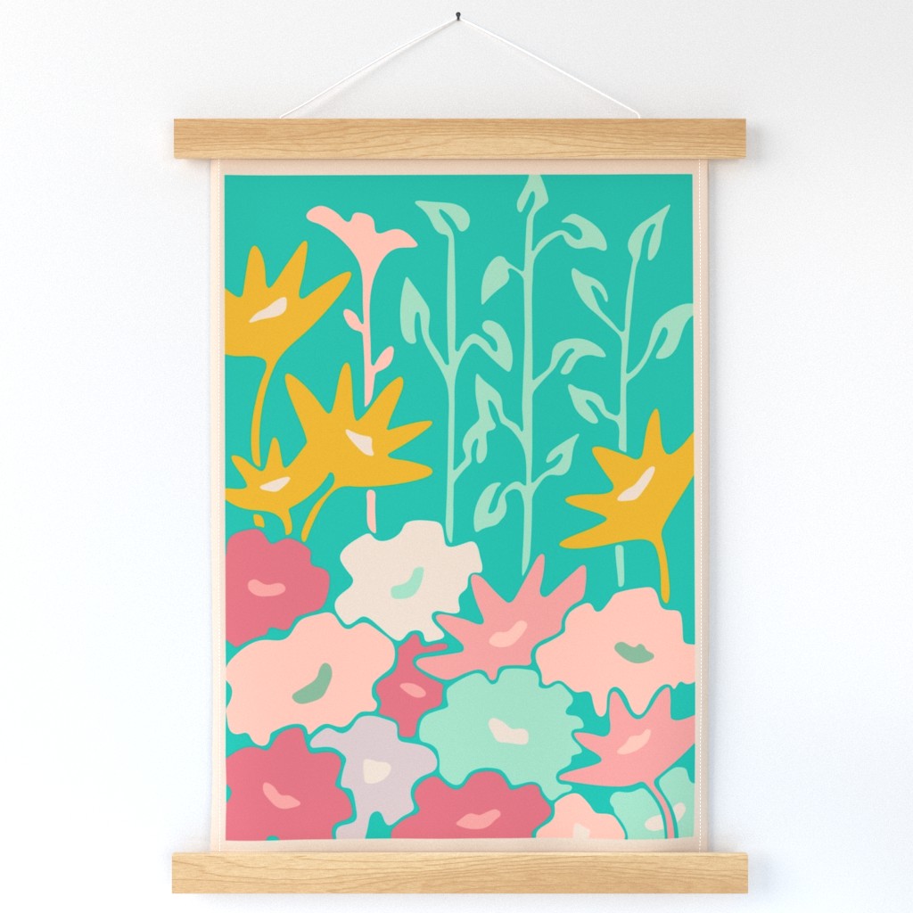 Jardin Garden Bed Abstract Floral Botanical in Pink Yellow Green Gray on Bright Turquoise - Tea Towel and Wall Hanging - UnBlink Studio by Jackie Tahara