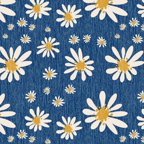 Blue Denim and White Daisy Flowers with Grasscloth Texture Dynamic Abstract Modern Dirty Navy Blue 003366 Mustard Yellow C3932B and Dynamic Ivory F0E9DD