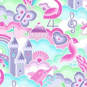 Slumber Party- Pink Dreams Large- Fairytale- Castle- Unicorn- Flamingo- Butterfly- Dolphin- Mermaid- Cupcake- Girls Pajamas- Girls Wallpaper- Girls Bedroom Decor