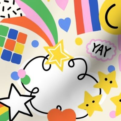 Happy 90s Icons V1: Maximalist pop art retro modern abstract colorful rainbows, smiley faces and stars- Medium