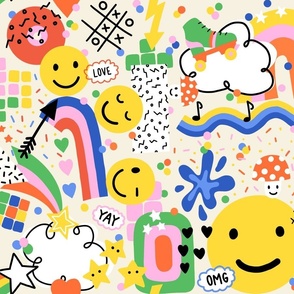 Happy 90s Icons V1: Maximalist pop art retro modern abstract colorful rainbows, smiley faces and stars- Medium