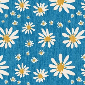 Blue Denim and White Daisy Flowers with Grasscloth Texture Dynamic Abstract Modern Bahama Blue 006699 Mustard Yellow C3932B and Dynamic Ivory F0E9DD