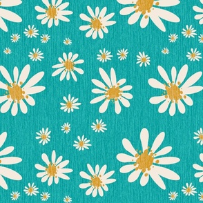 Blue Denim and White Daisy Flowers with Grasscloth Texture Dynamic Abstract Modern Persian Green Blue Turquoise 009999 Mustard Yellow C3932B and Dynamic Ivory F0E9DD