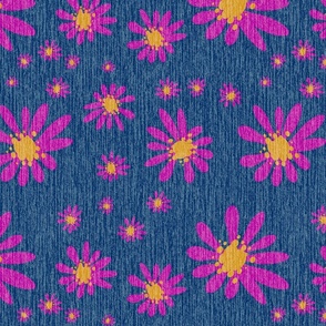 Blue Denim and Daisy Flowers with Grasscloth Texture Dynamic Abstract Modern Dirty Navy Blue 003366 Mustard Yellow C3932B and Dark Magenta Pink 990099