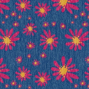 Blue Denim and Daisy Flowers with Grasscloth Texture Dynamic Abstract Modern Dirty Navy Blue 003366 Mustard Yellow C3932B and Fresh Eggplant Red 99004C