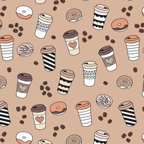 Morning coffee and donuts caffeine addicts workaholics  to go cups latte beige orange pink 