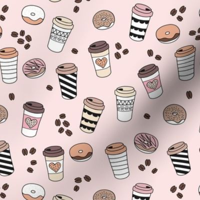Morning coffee and donuts caffeine addicts workaholics  to go cups beige blush pink