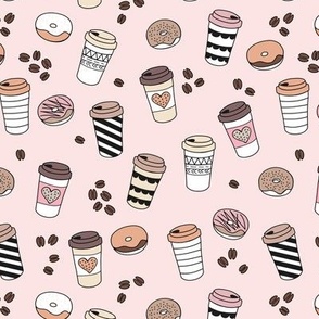 Morning coffee and donuts caffeine addicts workaholics  to go cups beige blush pink