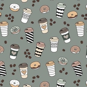 Morning coffee and donuts caffeine addicts workaholics  to go cups winter green beige neutral palette