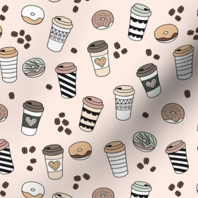 Morning coffee and donuts caffeine addicts workaholics  to go cups soft blush beige neutral vintage palette 