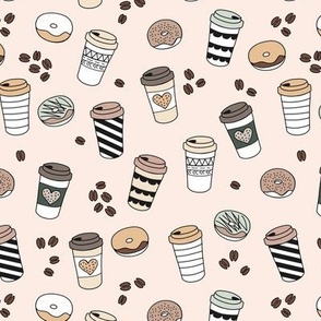 Morning coffee and donuts caffeine addicts workaholics  to go cups soft blush beige neutral vintage palette 