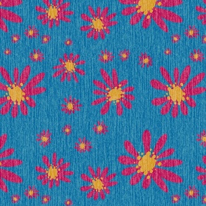 Blue Denim and Daisy Flowers with Grasscloth Texture Dynamic Abstract Modern Bahama Blue 006699 Mustard Yellow C3932B and Fresh Eggplant Red 99004C