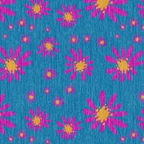 Blue Denim and Daisy Flowers with Grasscloth Texture Dynamic Abstract Modern Bahama Blue 006699 Mustard Yellow C3932B and Dark Magenta Pink 990099