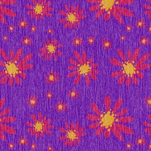Blue Denim and Daisy Flowers with Grasscloth Texture Dynamic Abstract Modern Indigo Purple Blue 4D0099 Mustard Yellow C3932B and Fresh Eggplant Red 99004C