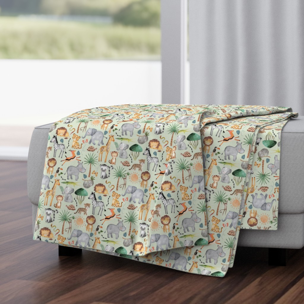 Wild Safari Animals (half-scale soft fern) Jungle Animals Nursery Bedding, Lion Elephant Giraffe Zebra Rhino Cheetah  // It's a Jungle collection