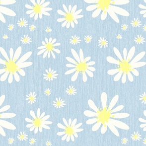 Blue Denim and White Daisy Flowers with Grasscloth Texture Fresh Abstract Modern Fog Blue Gray BED2E3 Dolly Yellow FFFF8C and Natural White FEFDF4