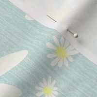 Blue Denim and White Daisy Flowers with Grasscloth Texture Fresh Abstract Modern Sea Glass Blue Green Turquoise CDE1DD Dolly Yellow FFFF8C and Natural White FEFDF4