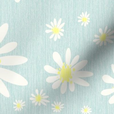 Blue Denim and White Daisy Flowers with Grasscloth Texture Fresh Abstract Modern Sea Glass Blue Green Turquoise CDE1DD Dolly Yellow FFFF8C and Natural White FEFDF4