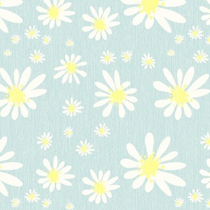 Blue Denim and White Daisy Flowers with Grasscloth Texture Fresh Abstract Modern Sea Glass Blue Green Turquoise CDE1DD Dolly Yellow FFFF8C and Natural White FEFDF4