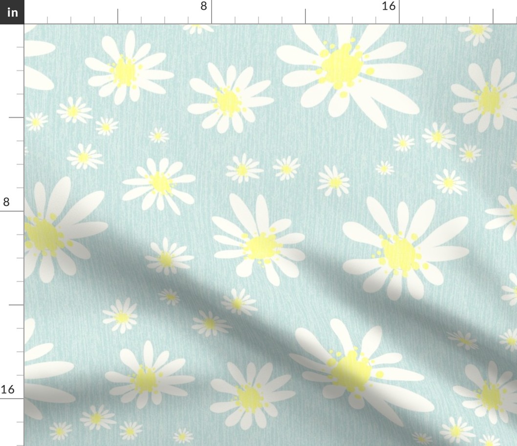 Blue Denim and White Daisy Flowers with Grasscloth Texture Fresh Abstract Modern Sea Glass Blue Green Turquoise CDE1DD Dolly Yellow FFFF8C and Natural White FEFDF4