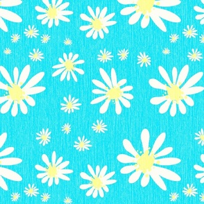 Blue Denim and White Daisy Flowers with Grasscloth Texture Fresh Abstract Modern Malibu Blue Green Turquoise 4CE1FF Dolly Yellow FFFF8C and Natural White FEFDF4