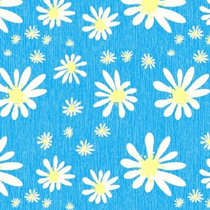 Blue Denim and White Daisy Flowers with Grasscloth Texture Fresh Abstract Modern Cornflower Blue Turquoise 4CA6FF Dolly Yellow FFFF8C and Natural White FEFDF4