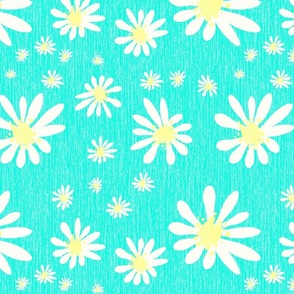 Blue Denim and White Daisy Flowers with Grasscloth Texture Fresh Abstract Modern Fresh Turquoise Blue Green 4CFFE1 Dolly Yellow FFFF8C and Natural White FEFDF4