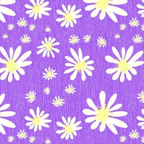 Blue Denim and White Daisy Flowers with Grasscloth Texture Fresh Abstract Modern Salvia Purple 884CFF Dolly Yellow FFFF8C and Natural White FEFDF4