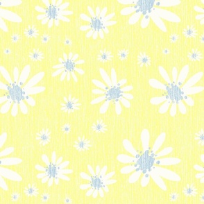 Blue Denim and White Daisy Flowers with Grasscloth Texture Fresh Abstract Modern Fog Blue Gray BED2E3 Dolly Yellow FFFF8C and Natural White FEFDF4 reverse