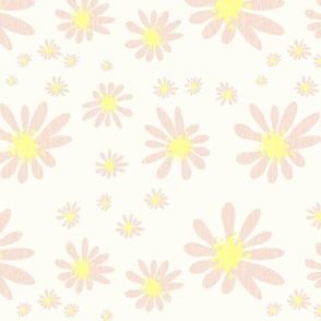 White Denim and Daisy Flowers with Grasscloth Texture Fresh Abstract Modern Blush Pink Orange EFDACE Dolly Yellow FFFF8C and Natural White FEFDF4