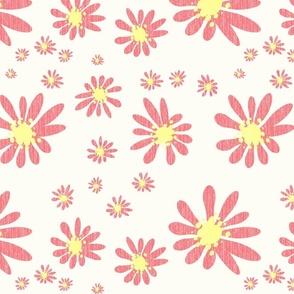 White Denim and Daisy Flowers with Grasscloth Texture Fresh Abstract Modern Watermelon Pink Orange DF737B Dolly Yellow FFFF8C and Natural White FEFDF4