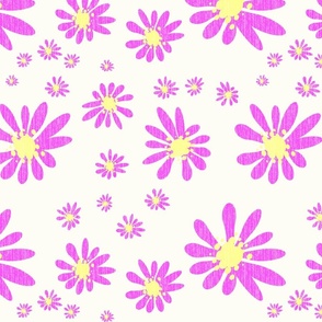 White Denim and Daisy Flowers with Grasscloth Texture Fresh Abstract Modern Ultra Pink Magenta FF4CFF Dolly Yellow FFFF8C and Natural White FEFDF4