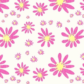 White Denim and Daisy Flowers with Grasscloth Texture Fresh Abstract Modern Brilliant Rose Pink Magenta FF4CA6 Dolly Yellow FFFF8C and Natural White FEFDF4