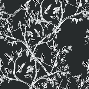 Chinoiserie Tree Black Botanical, Medium Scale, Black and White, Dark 