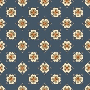 French country simple geometric floral pattern in dark blue, green, rustic red and gold