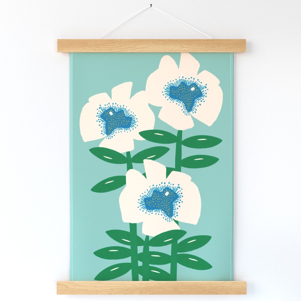 White Pansy Flowers on Blue with Emerald Leaves Tea Towel